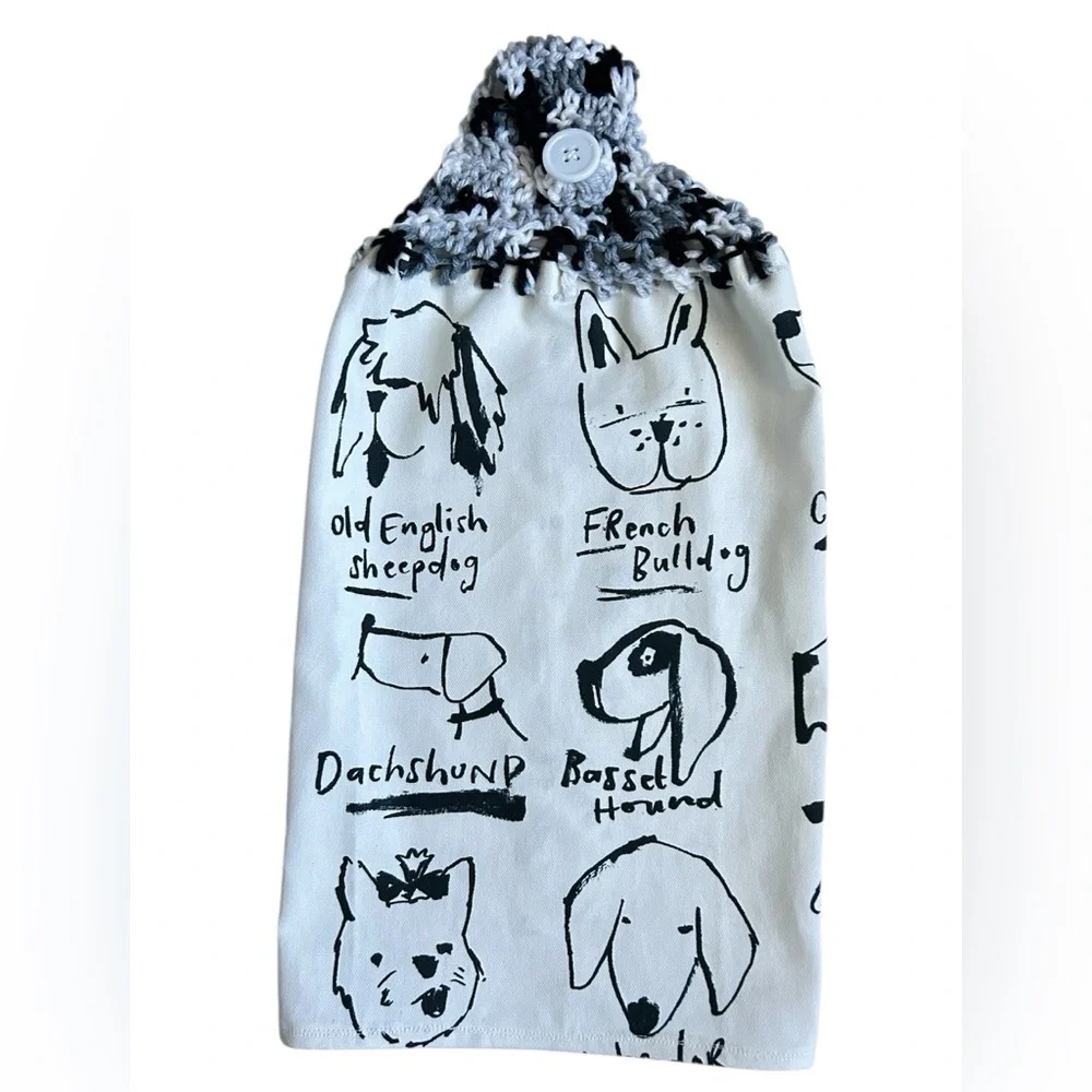 Hand Crafted Black and White Dog Print Hanging Kitchen Hand Towel